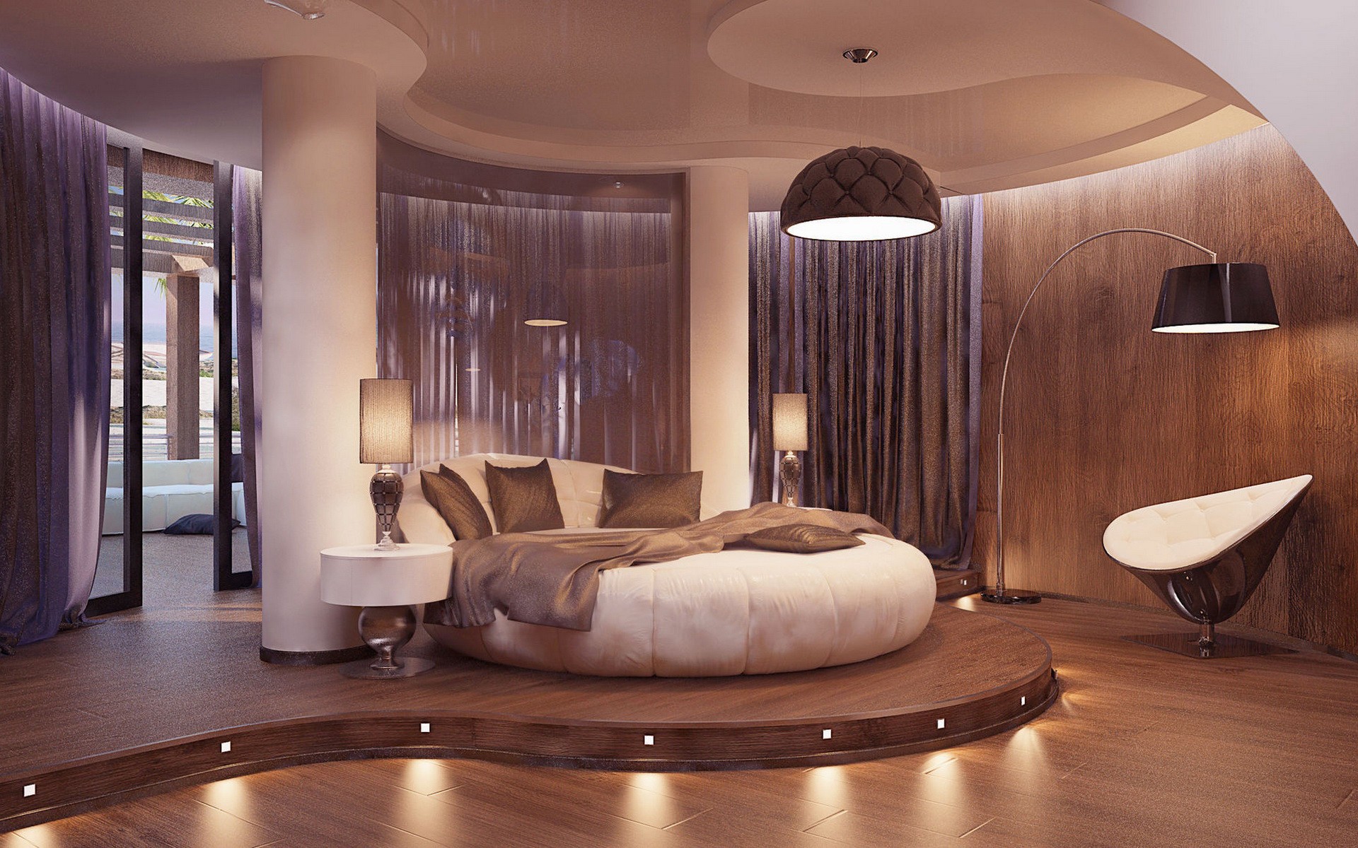 Подиум дома. Круглая кровать в интерьере. Красивая спальня. Красивый интерьер спальни. Красивая квартира спальня.